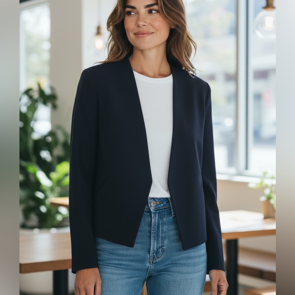 Banana Republic Navy Blazer Collarless Open Front Fitted Size 6 - Picture 11 of 11